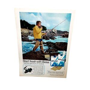 1974 Belair Cigarettes Man Fishing Pflueger Reel Original Print Ad